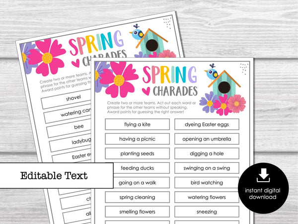 Spring Charades Party Game for Kids, Classroom Charades for Springtime, Spring Miming Game, Spring Activity for Kids - Editable Download - Before The Party