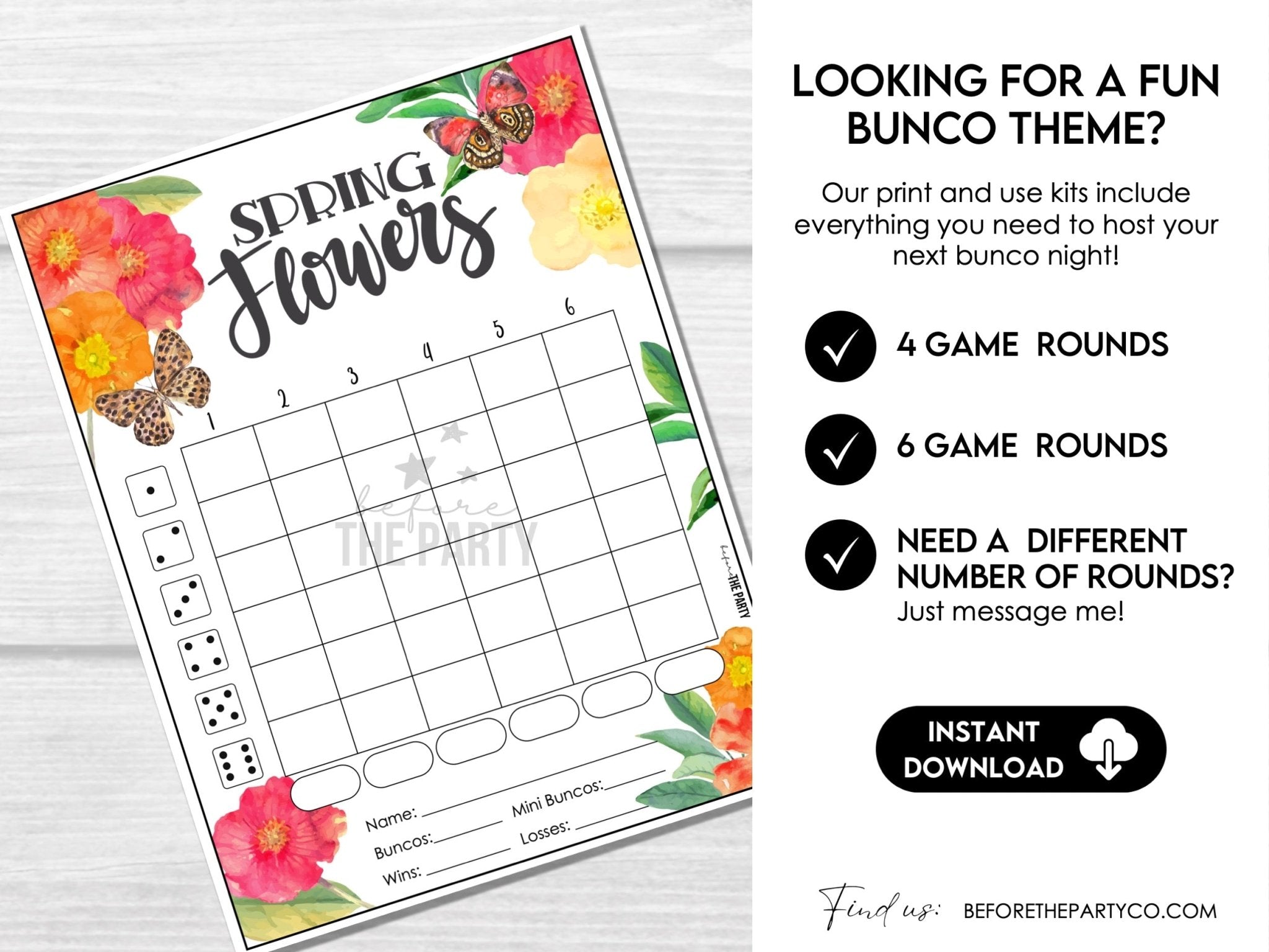 Spring Flowers and Butterflies Bunco Score Cards for April and May BUNKO games
