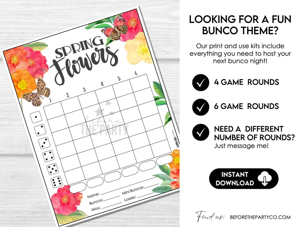 Spring Flowers and Butterflies Bunco Score Cards for April and May BUNKO games - Before The Party