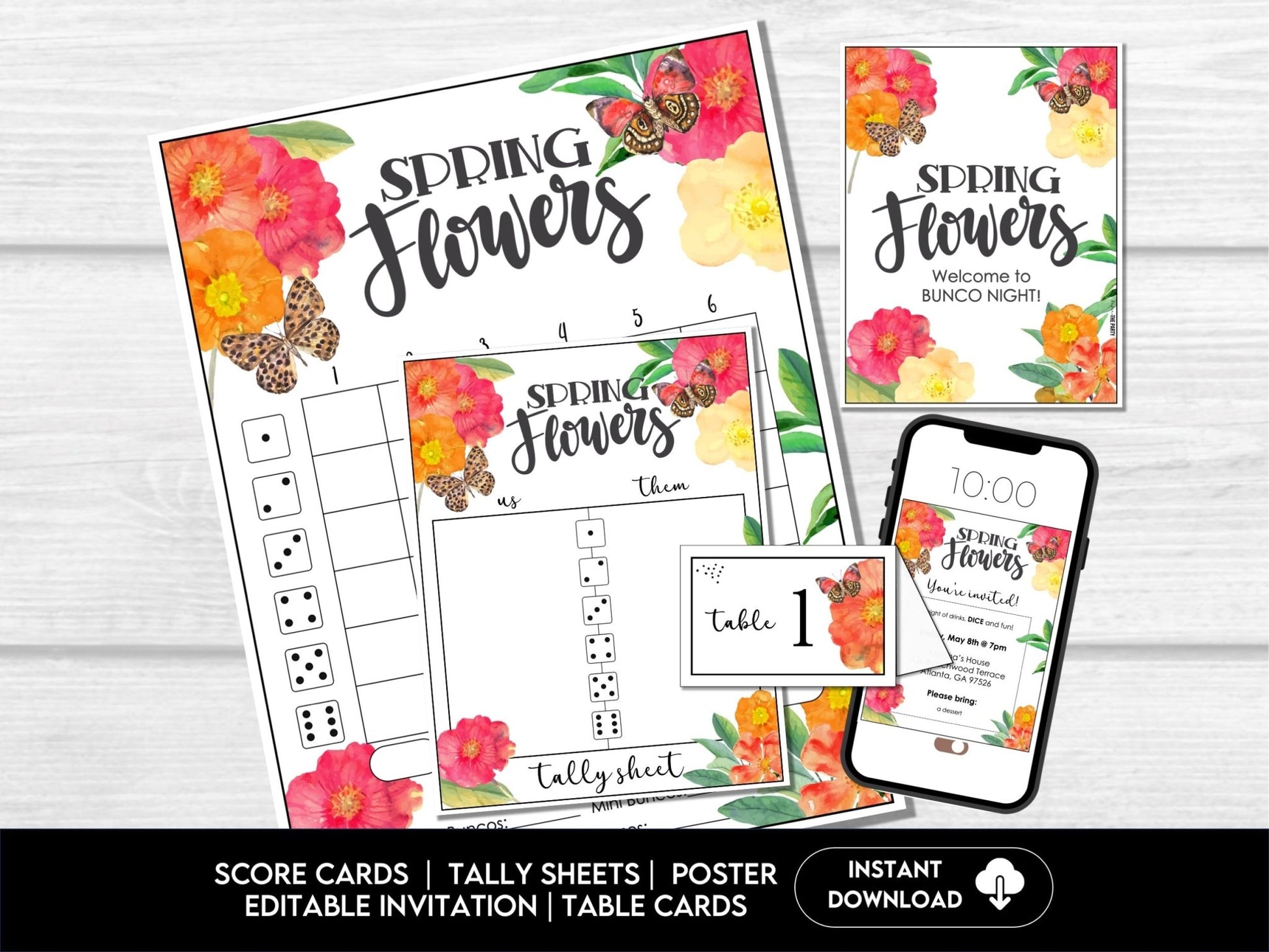 Spring Flowers and Butterflies Bunco Score Cards for April and May BUNKO games - Before The Party