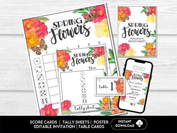 Spring Flowers and Butterflies Bunco Score Cards for April and May BUNKO games - Before The Party