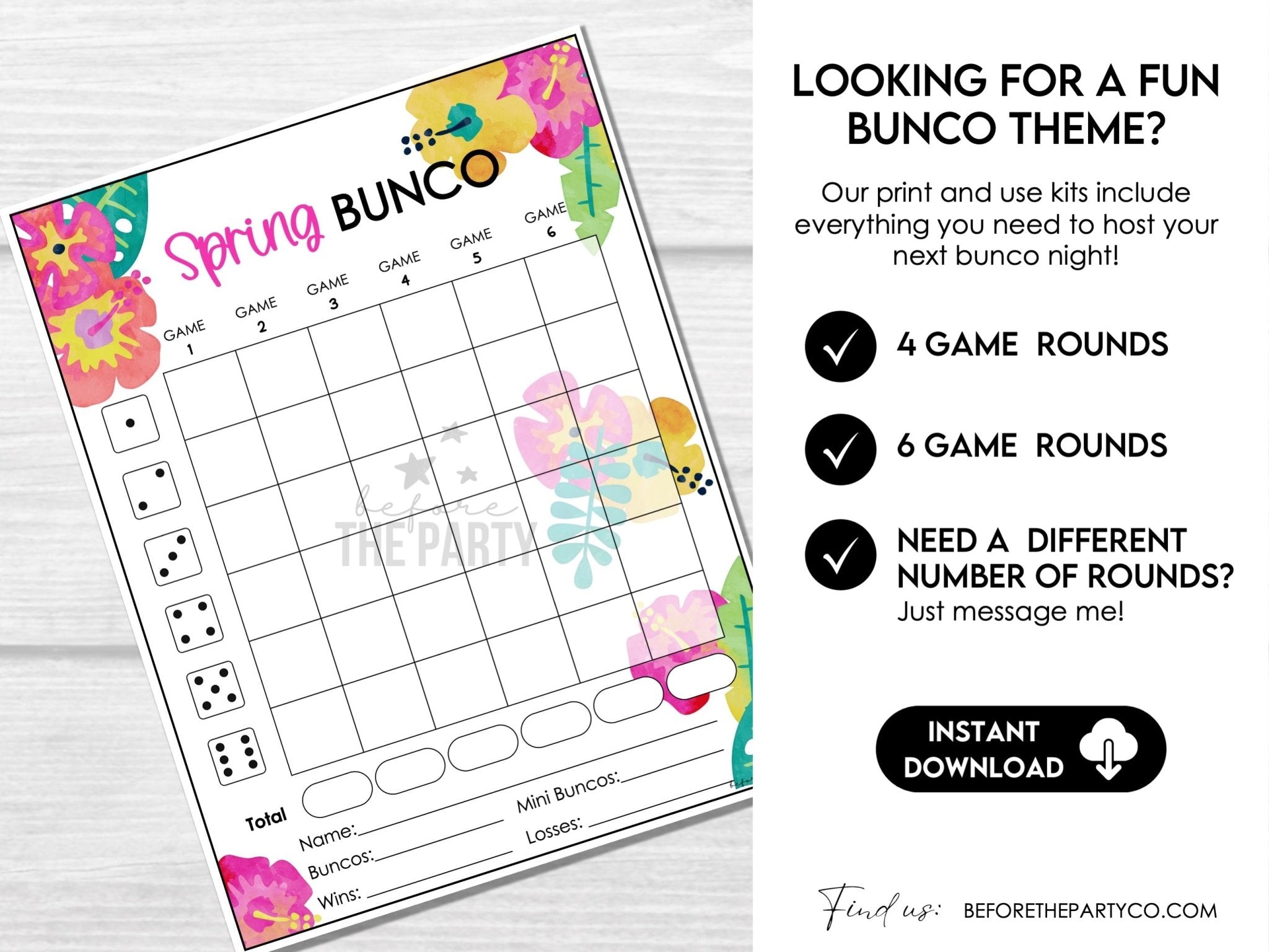 Spring Flowers Bunco Score Cards - Tally Sheets, Invitations, Ghost Player, Table Markers - Before The Party