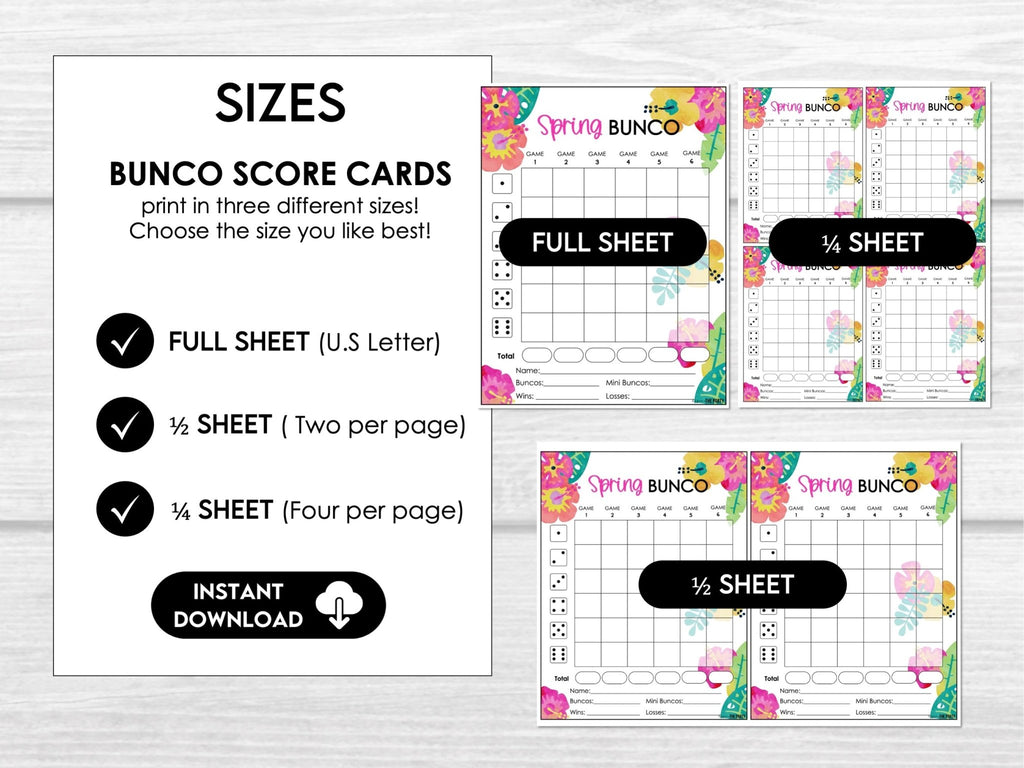 Spring Flowers Bunco Score Cards - Tally Sheets, Invitations, Ghost Player, Table Markers - Before The Party