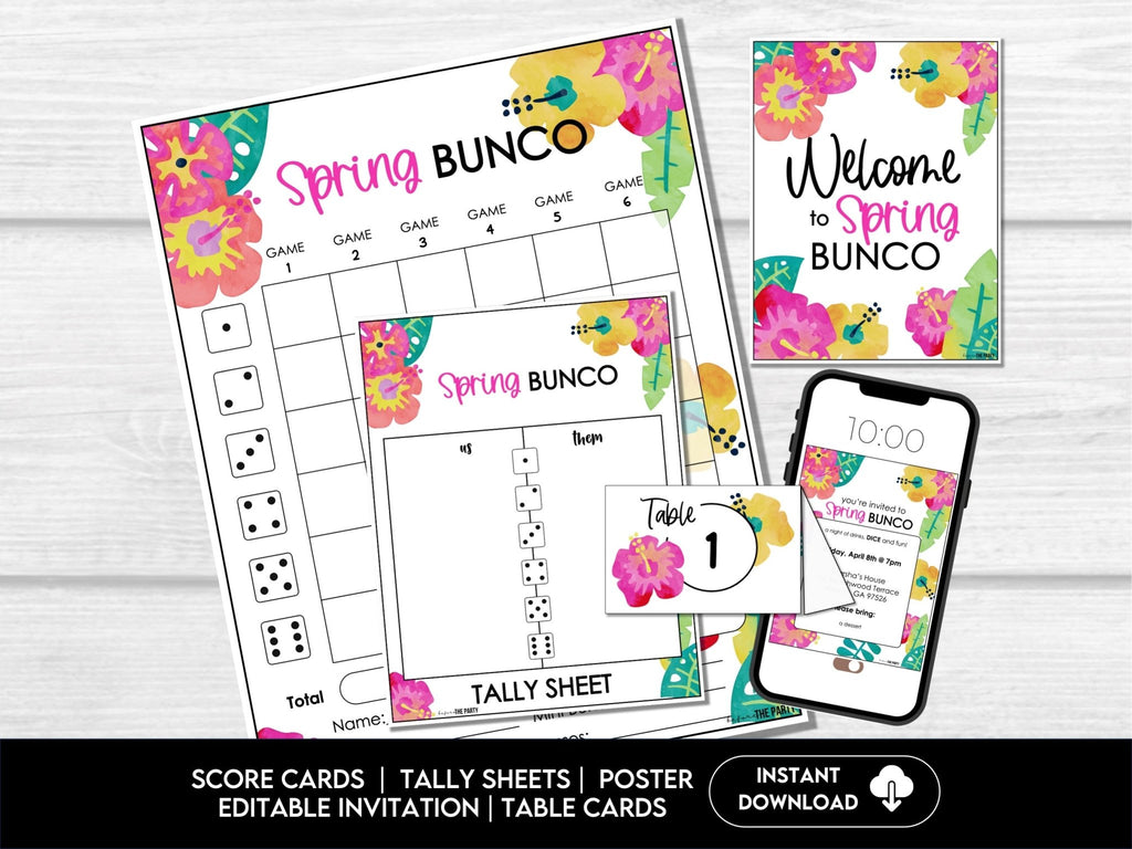 Spring Flowers Bunco Score Cards - Tally Sheets, Invitations, Ghost Player, Table Markers - Before The Party