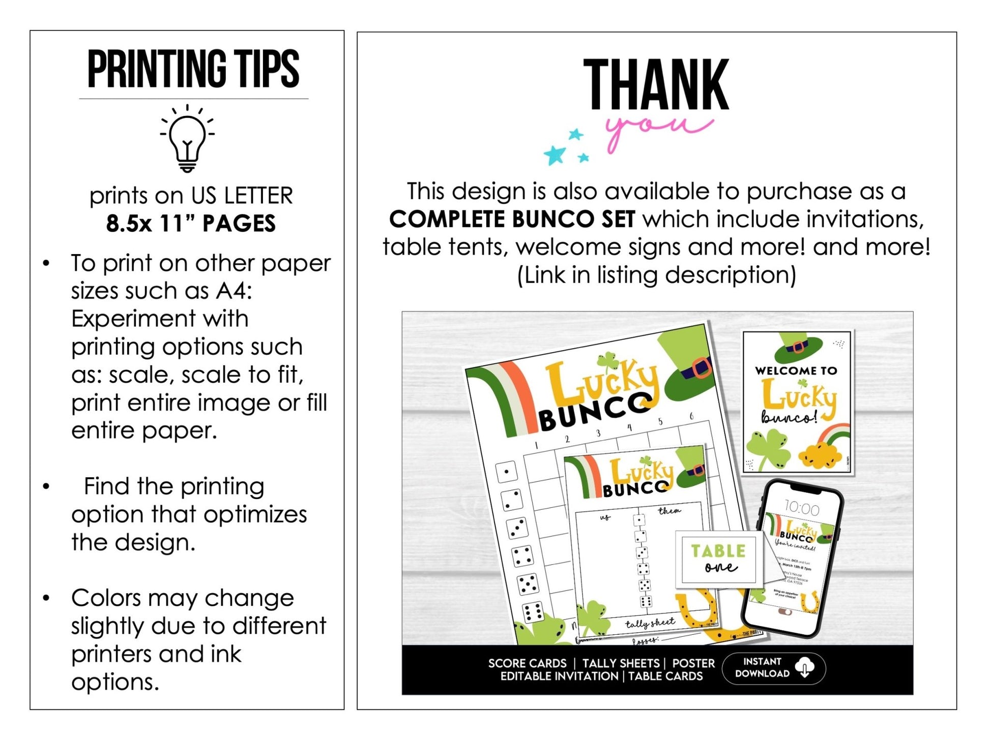 St. Patricks Bunco Score Sheets, March Bunco, Lucky Bunco Scorecards | 4 games | 6 games
