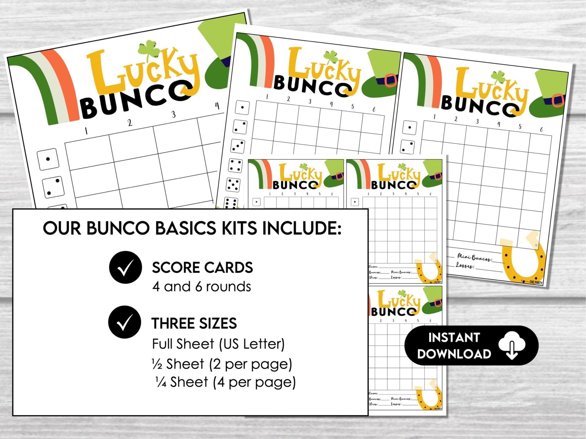 St. Patricks Bunco Score Sheets, March Bunco, Lucky Bunco Scorecards | 4 games | 6 games