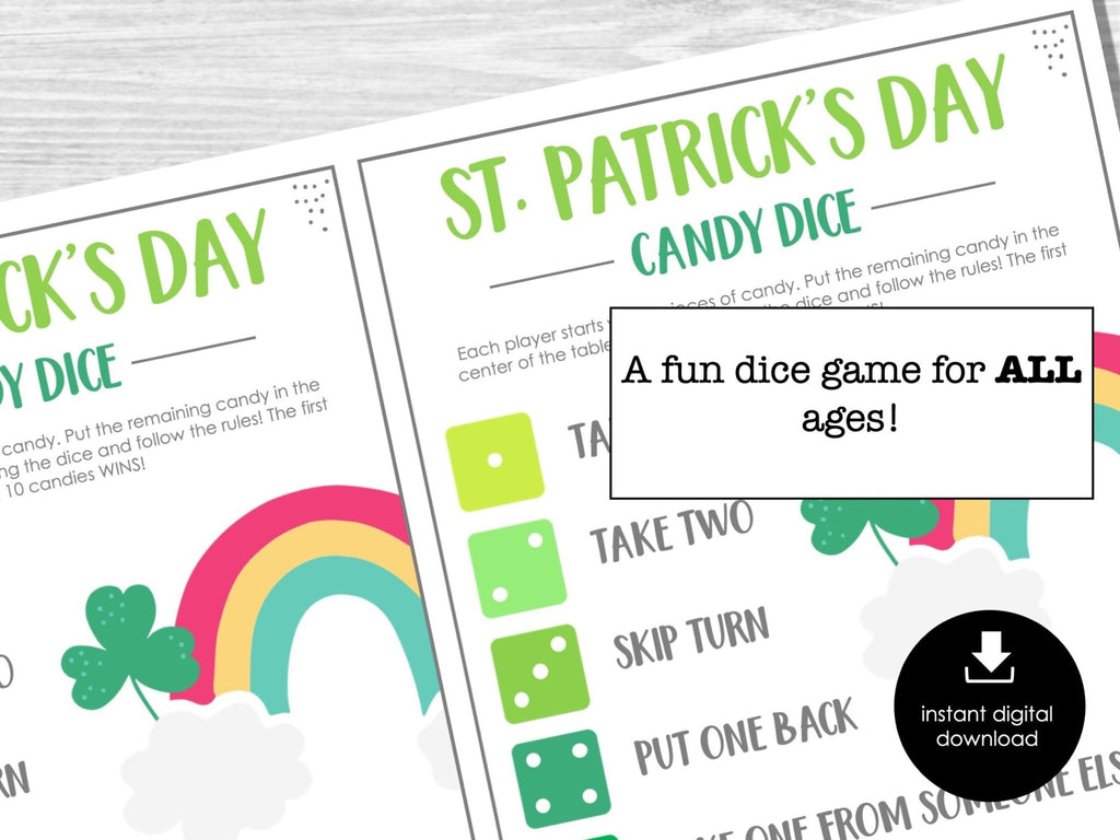 St. Patrick's Candy Dice Game, St. Paddy's Party Game, Dice Game for Kids and Adults, St. Patrick's Day classroom game, Dice Game Printable - Before The Party