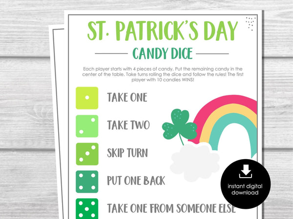 St. Patrick's Candy Dice Game, St. Paddy's Party Game, Dice Game for Kids and Adults, St. Patrick's Day classroom game, Dice Game Printable - Before The Party
