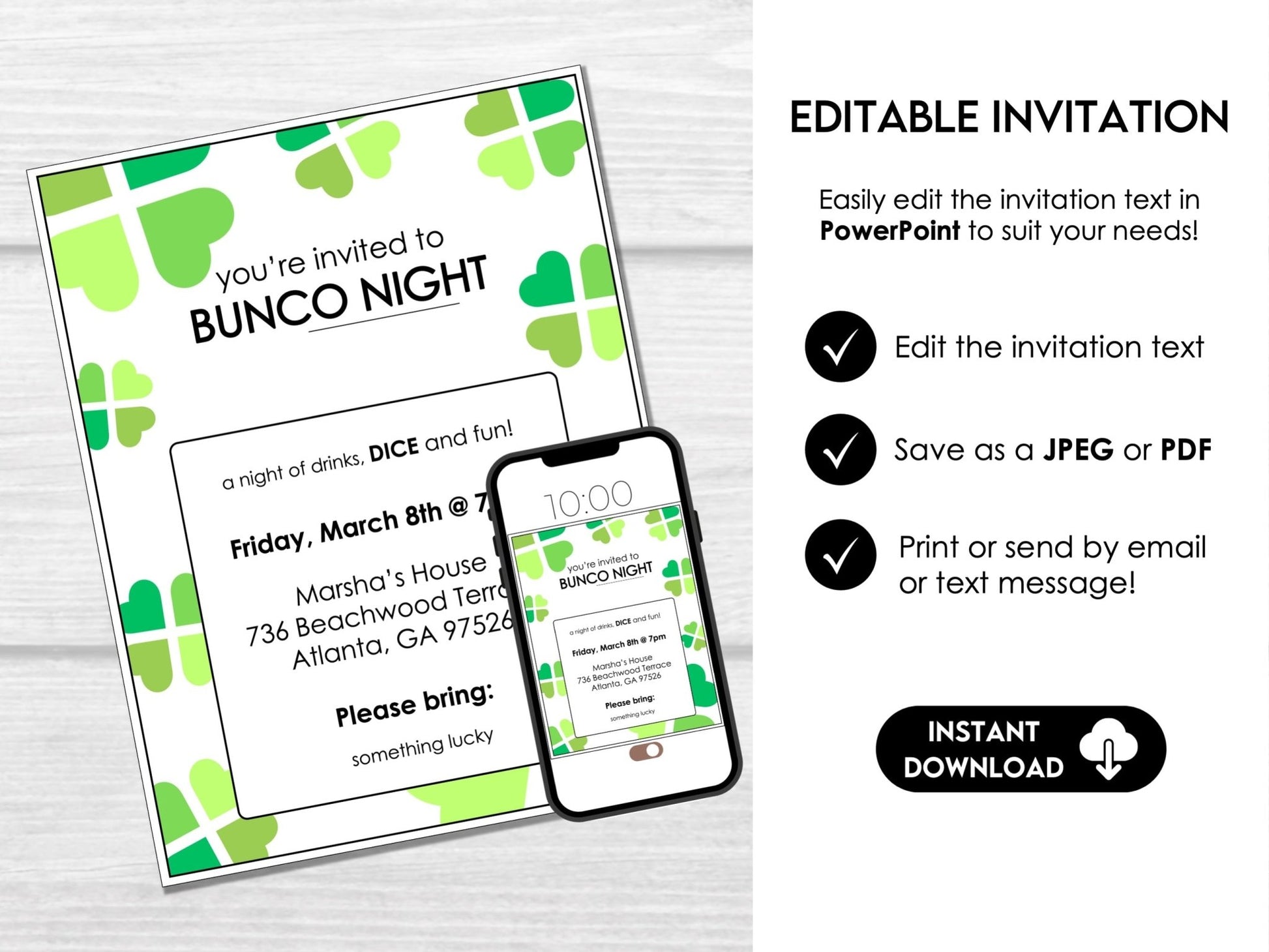 St. Patrick's Day Bunco Score Sheet Party Printables - Table Cards and Invitation
