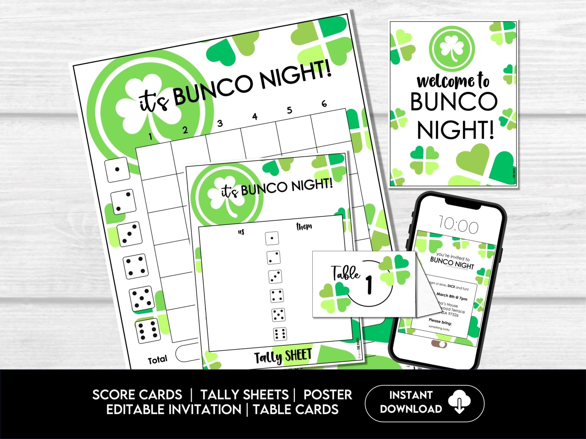St. Patrick's Day Bunco Score Sheet Party Printables - Table Cards and Invitation