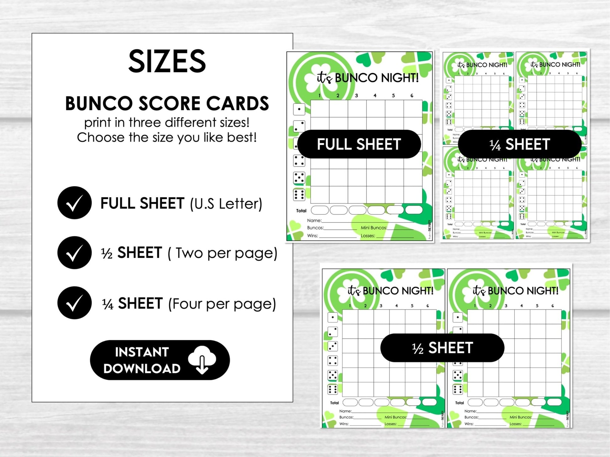 St. Patrick's Day Bunco Score Sheet Party Printables - Table Cards and Invitation