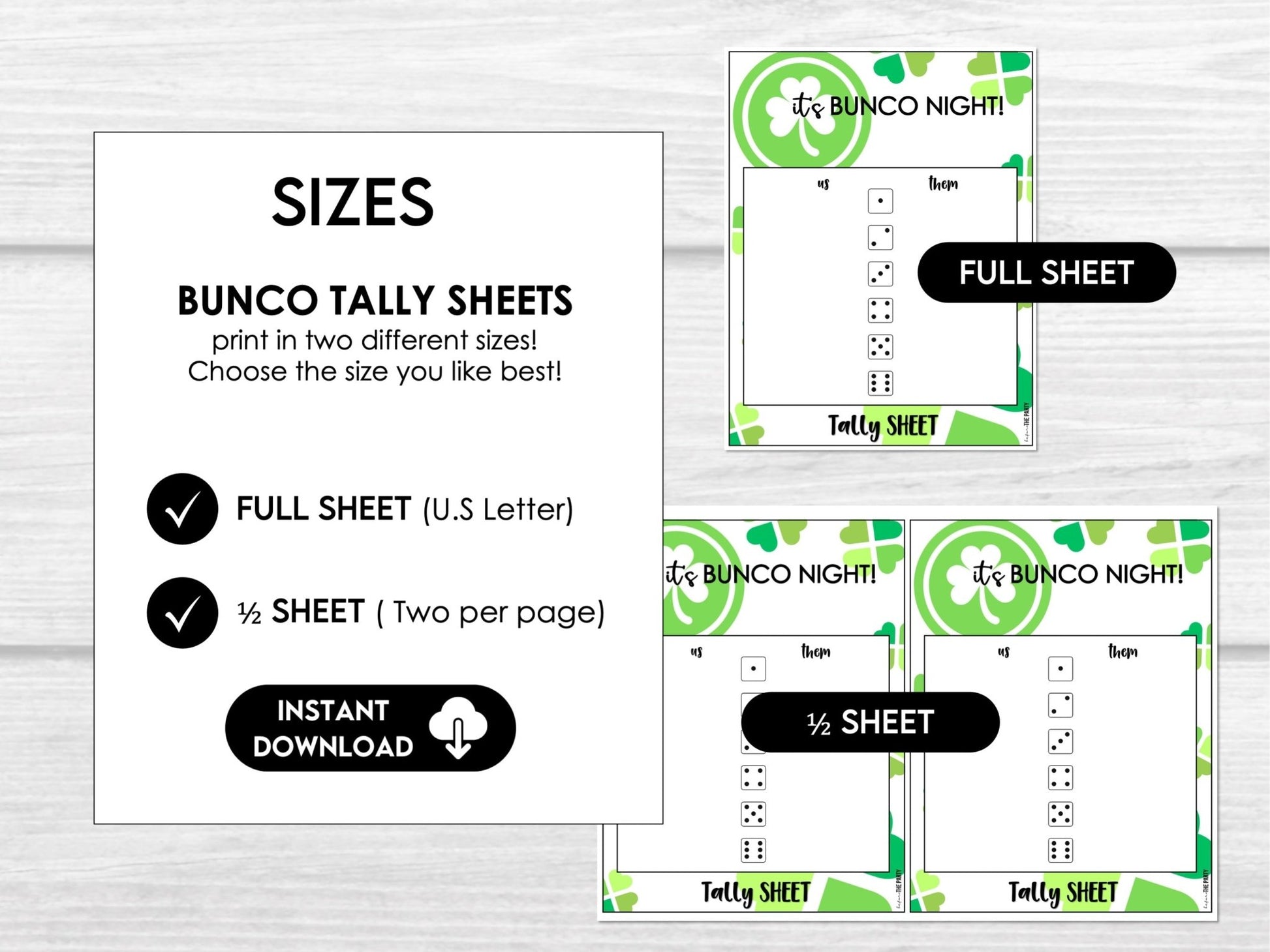 St. Patrick's Day Bunco Score Sheet Party Printables - Table Cards and Invitation