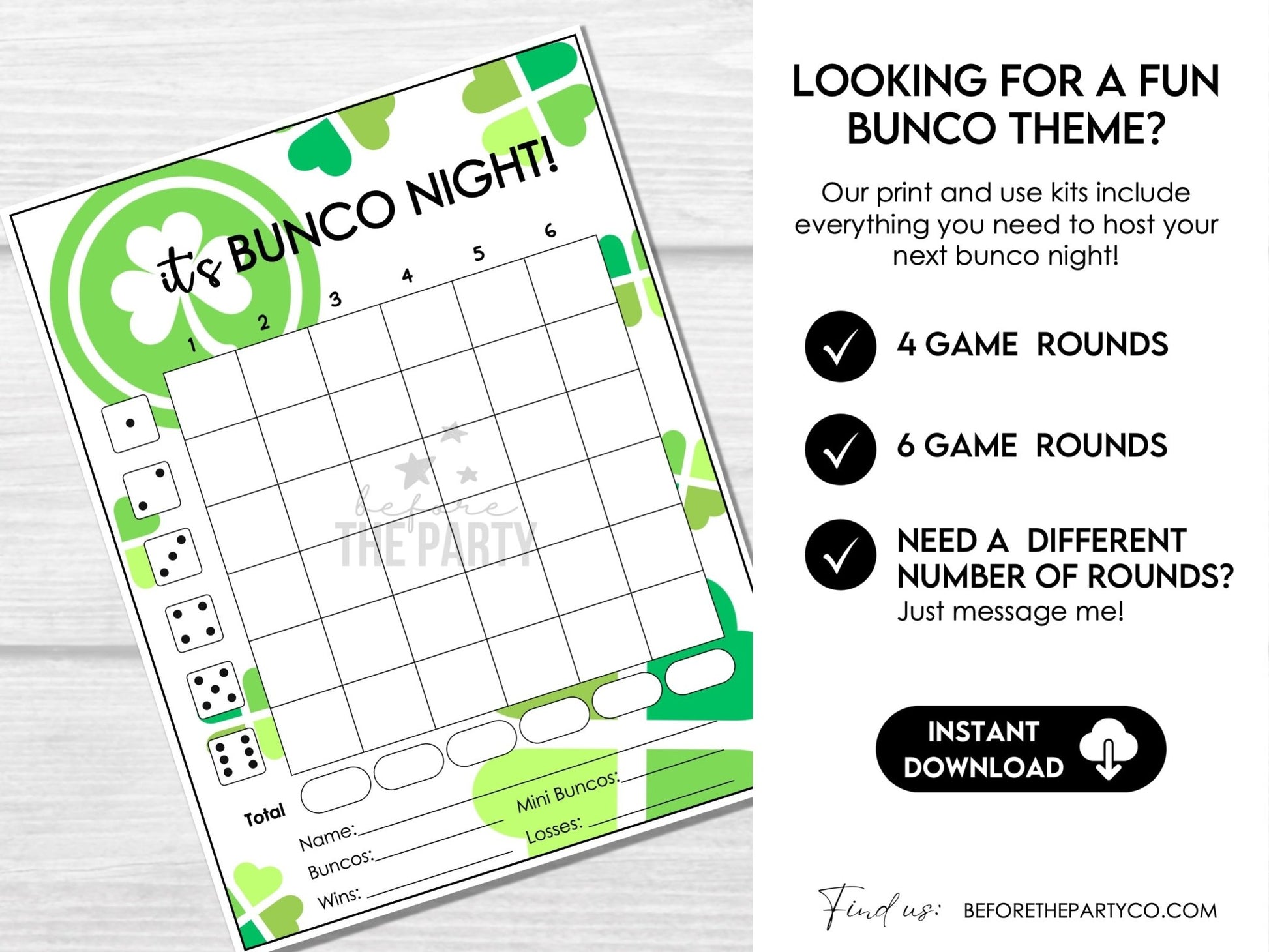 St. Patrick's Day Bunco Score Sheet Party Printables - Table Cards and Invitation