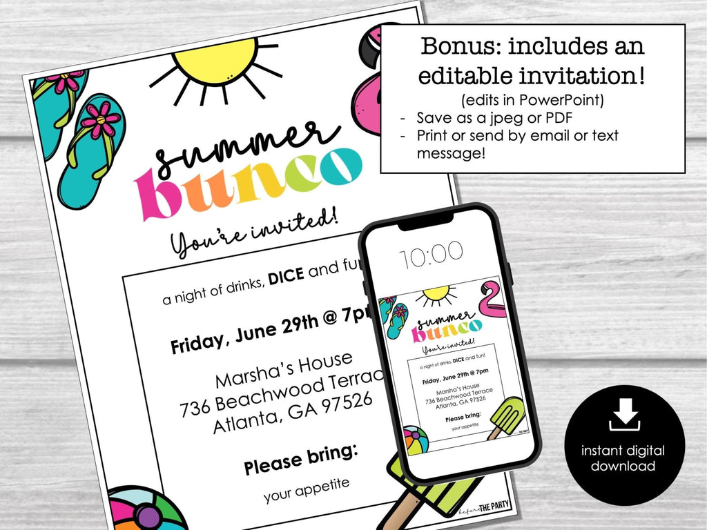 Summer Bunco Score Cards, Beach Bunco Invitation, July Summer Bunco Night, Bunco Game Party Printable, August Bunco Night, June BUNKO - Before The Party