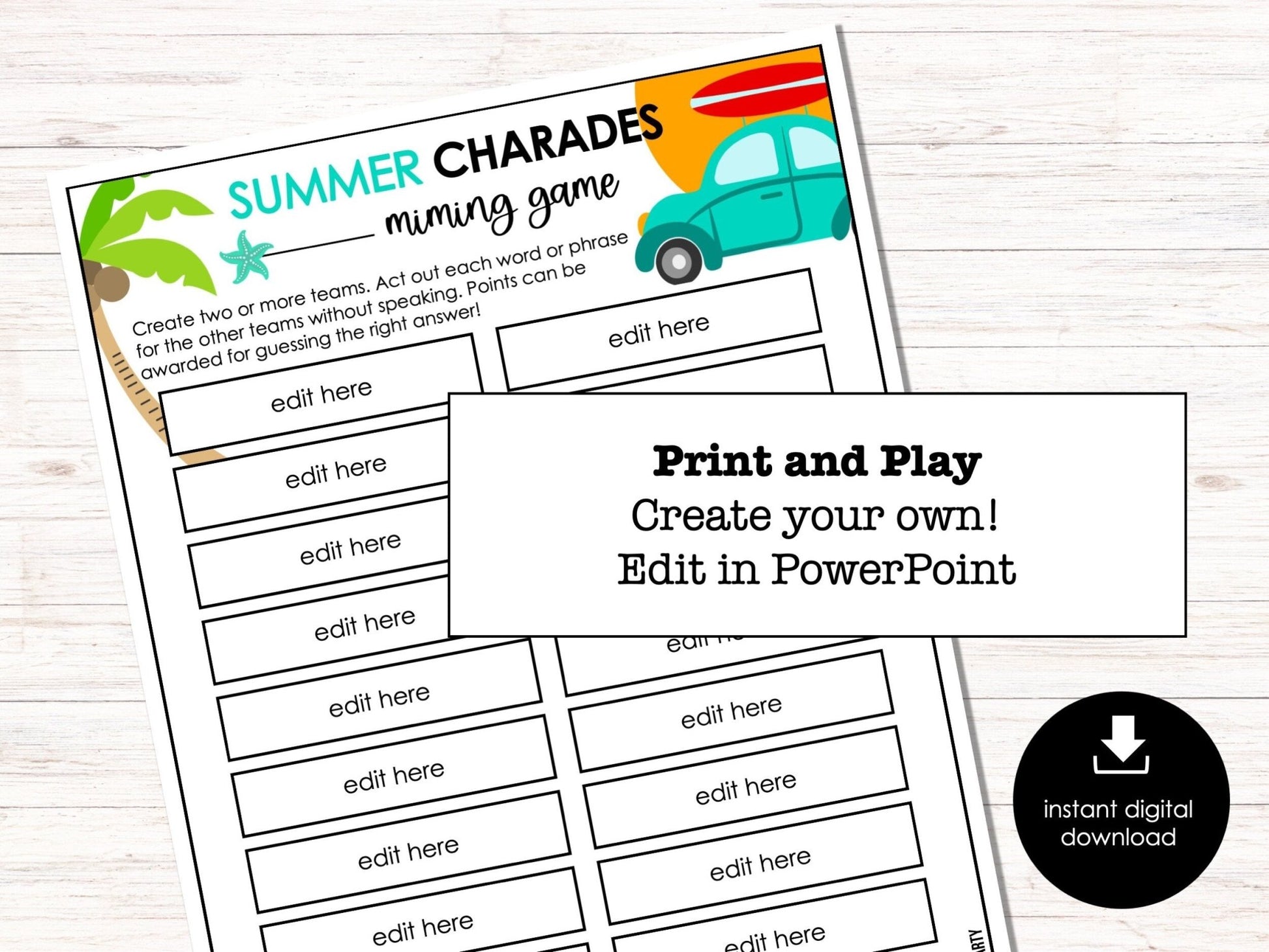 Summer Charades Party Game for Kids, Action Charades, Miming Game, Summertime, Fun Printable Party Game