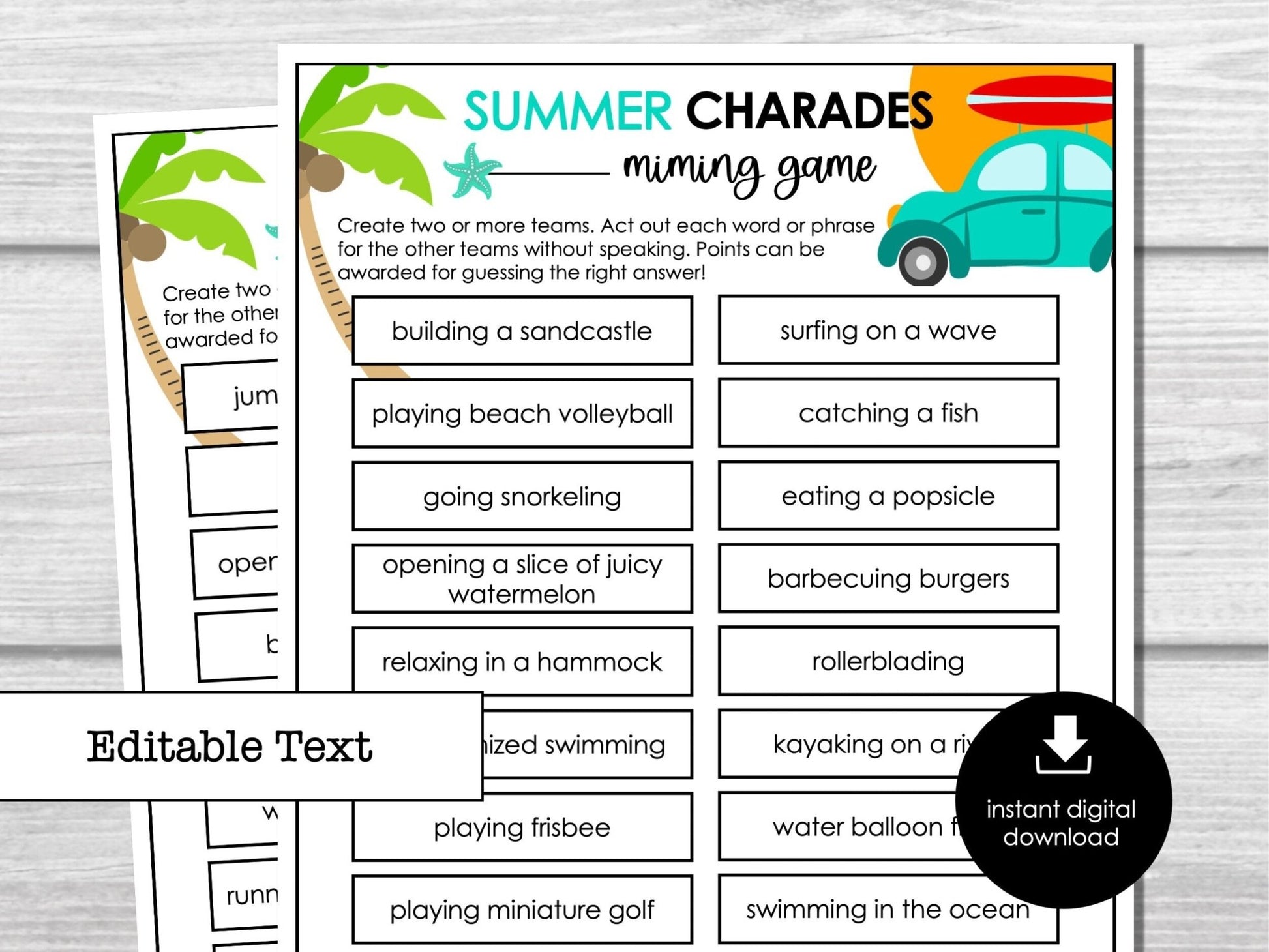 Summer Charades Party Game for Kids, Action Charades, Miming Game, Summertime, Fun Printable Party Game