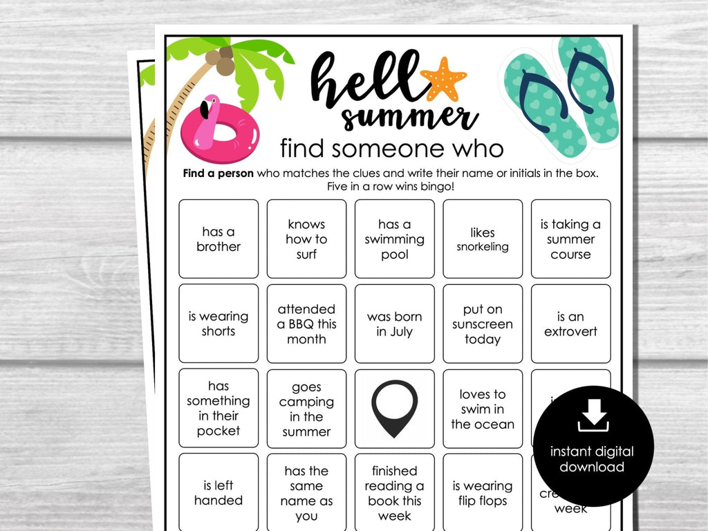 Summer Find Someone Who Bingo, Printable Party Game, Printable Game for Adults & Kids, Fun Ice breaker Game, Pool Party Activity, Summertime - Before The Party