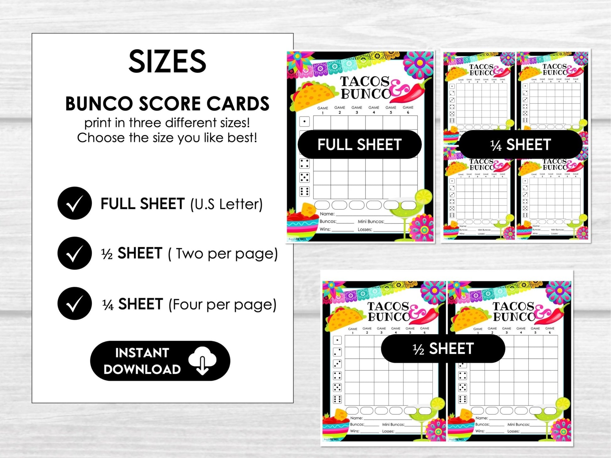 Taco Night Bunco Score Sheets - Mexican Party Bunco - Tally Sheets, Invitations & Table Cards - Before The Party