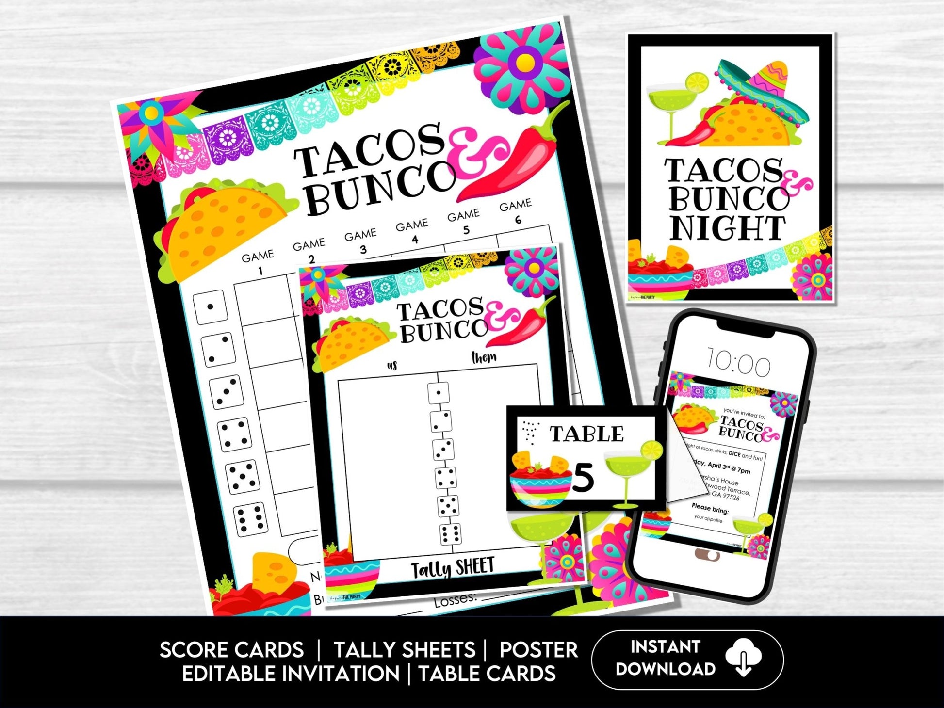 Taco Night Bunco Score Sheets - Mexican Party Bunco - Tally Sheets, Invitations & Table Cards - Before The Party
