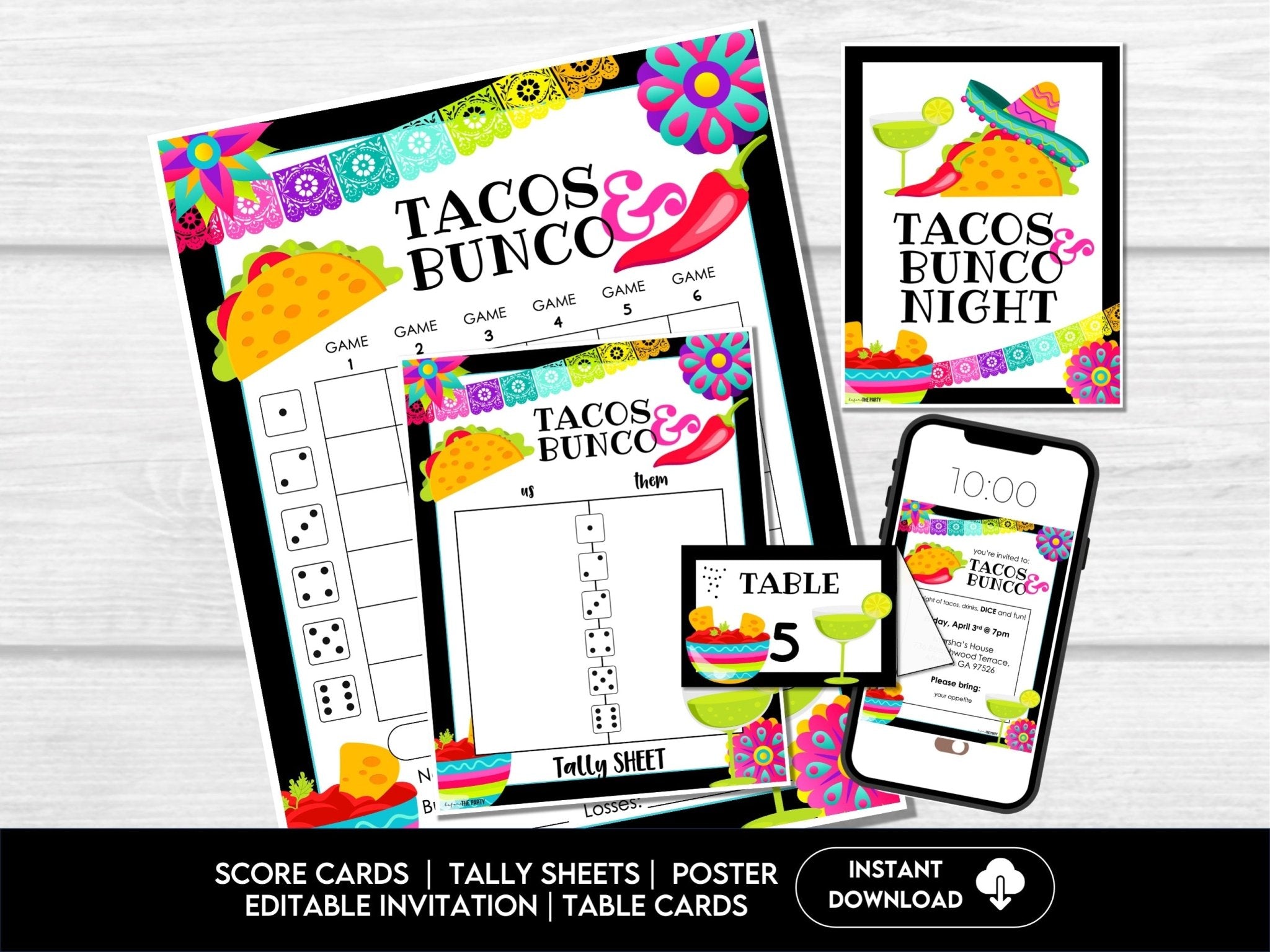 Taco Night Bunco Score Sheets - Mexican Party Bunco - Tally Sheets, Invitations & Table Cards - Before The Party