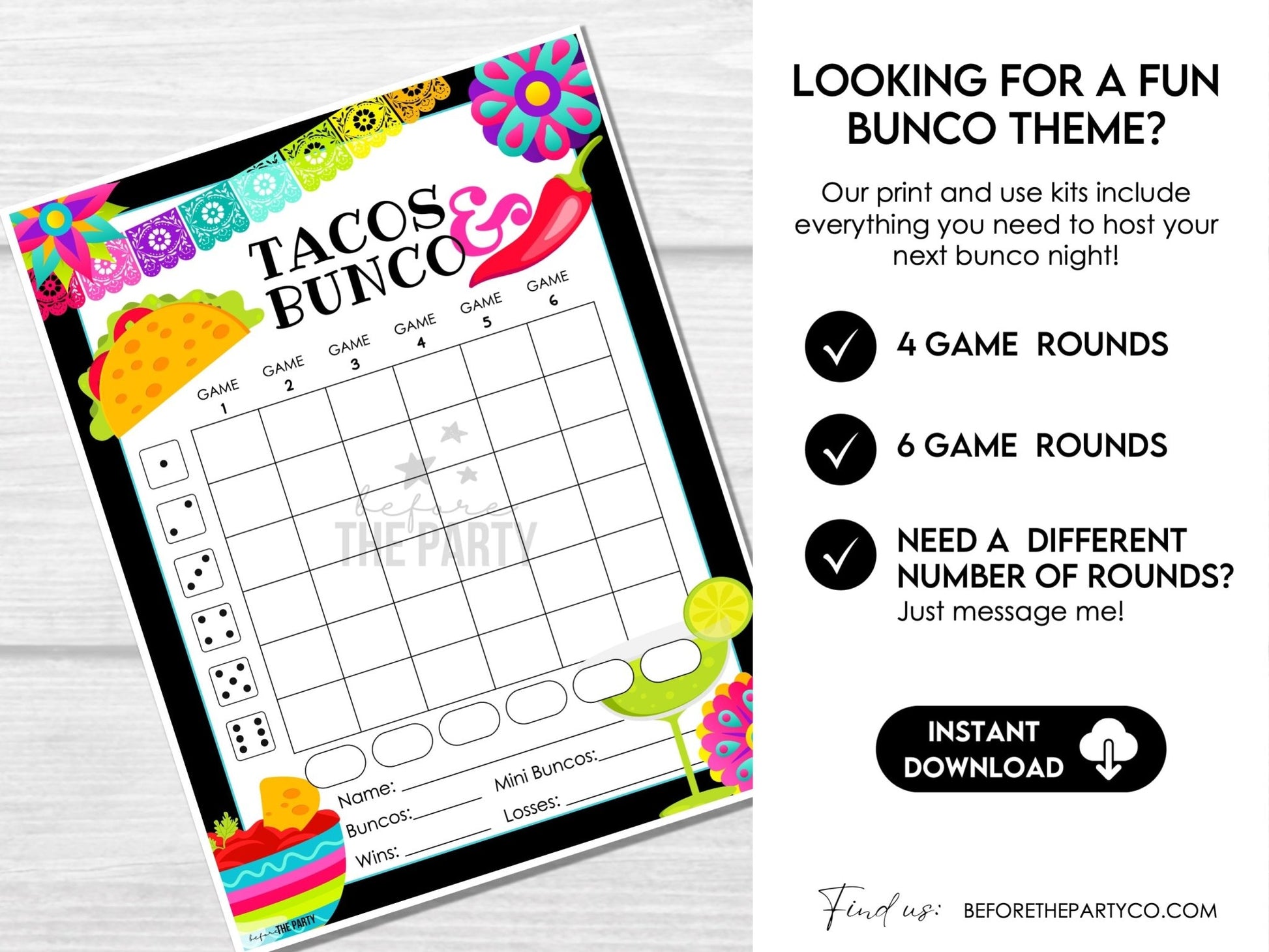 Taco Night Bunco Score Sheets - Mexican Party Bunco - Tally Sheets, Invitations & Table Cards - Before The Party