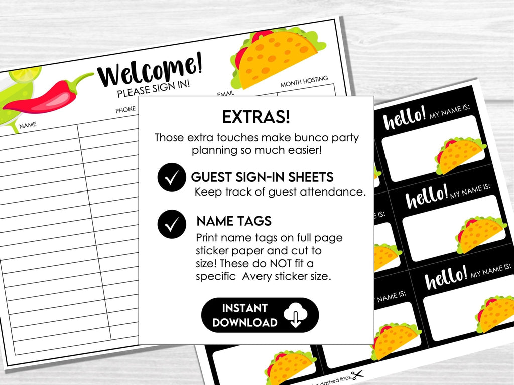 Taco Night Bunco Score Sheets - Mexican Party Bunco - Tally Sheets, Invitations & Table Cards - Before The Party