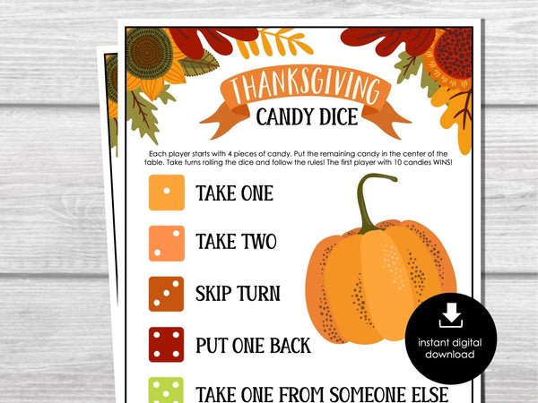 Thanksgiving Dice Game, Friendsgiving Party Game, Printable Dice Game for Kids & Adults, School party game, Candy Game for Thanksgiving Day - Before The Party