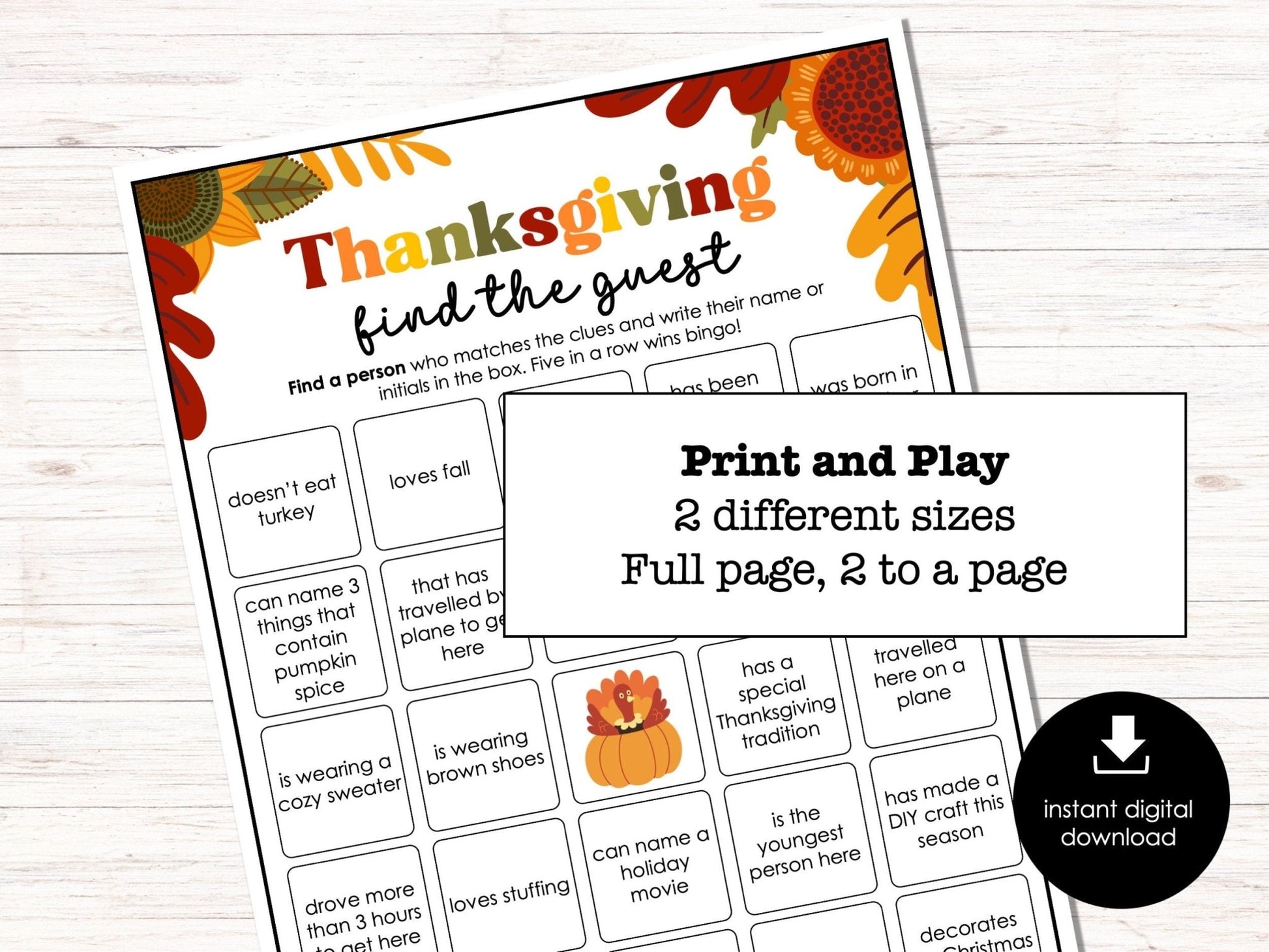 Thanksgiving Find Someone Who Party Game, Printable Find the Guest Bingo, Game for Adults & Kids, Ice Breaker Game, Fun Thanksgiving Game - Before The Party