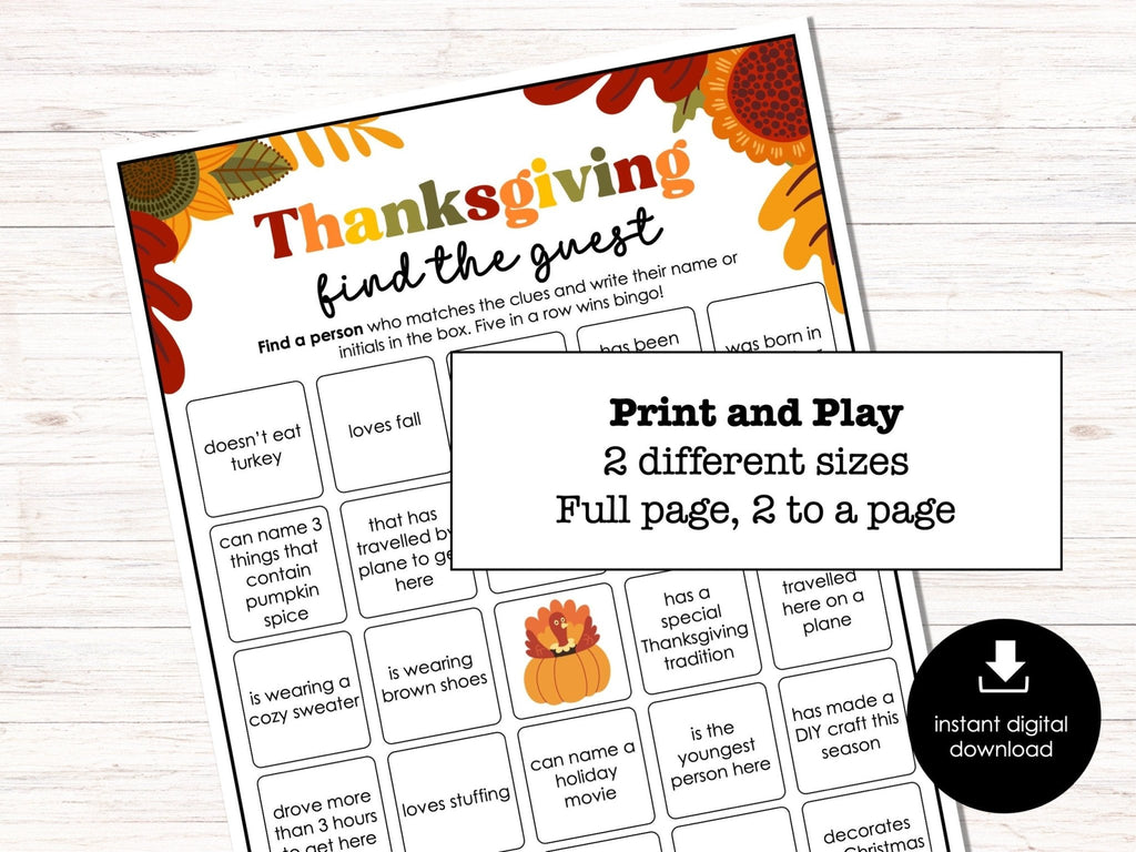 Thanksgiving Find Someone Who Party Game, Printable Find the Guest Bingo, Game for Adults & Kids, Ice Breaker Game, Fun Thanksgiving Game - Before The Party