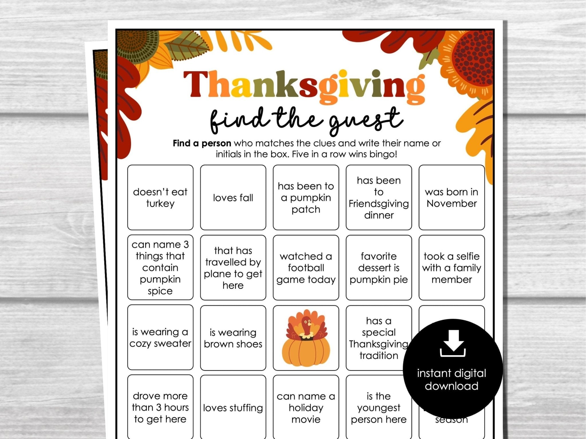 Thanksgiving Find Someone Who Party Game, Printable Find the Guest Bingo, Ice Breaker Game