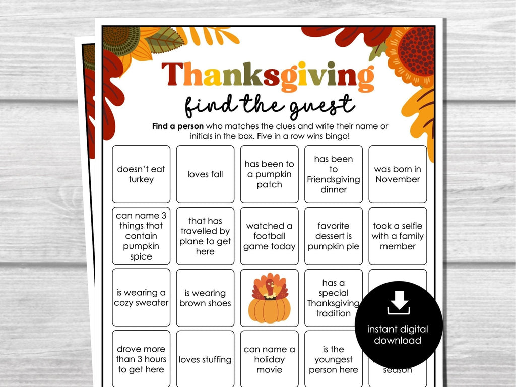 Thanksgiving Find Someone Who Party Game, Printable Find the Guest Bingo, Game for Adults & Kids, Ice Breaker Game, Fun Thanksgiving Game - Before The Party