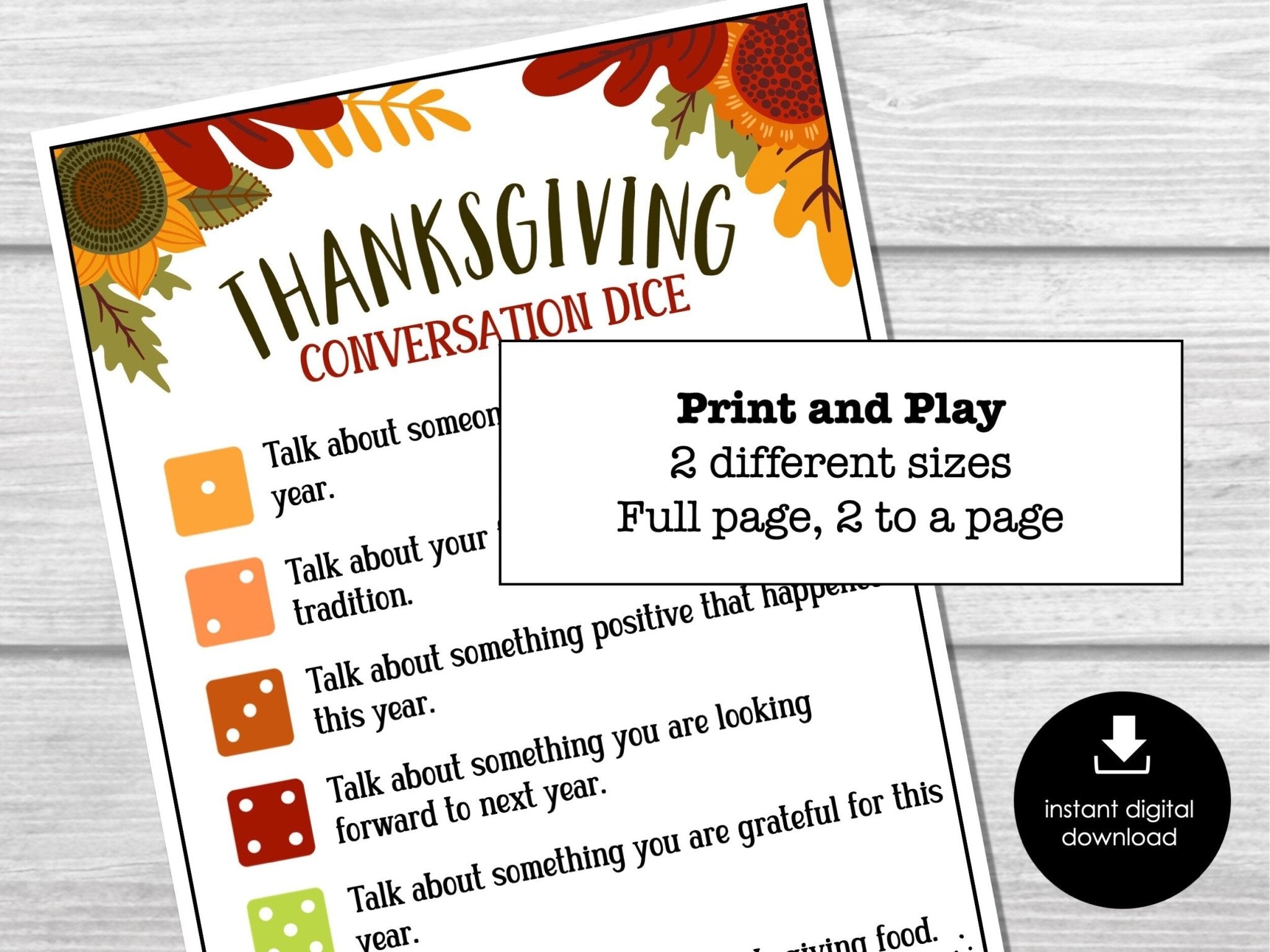 Thanksgiving Gratitude Dice Game, Thanksgiving Conversation Starters, Icebreaker game