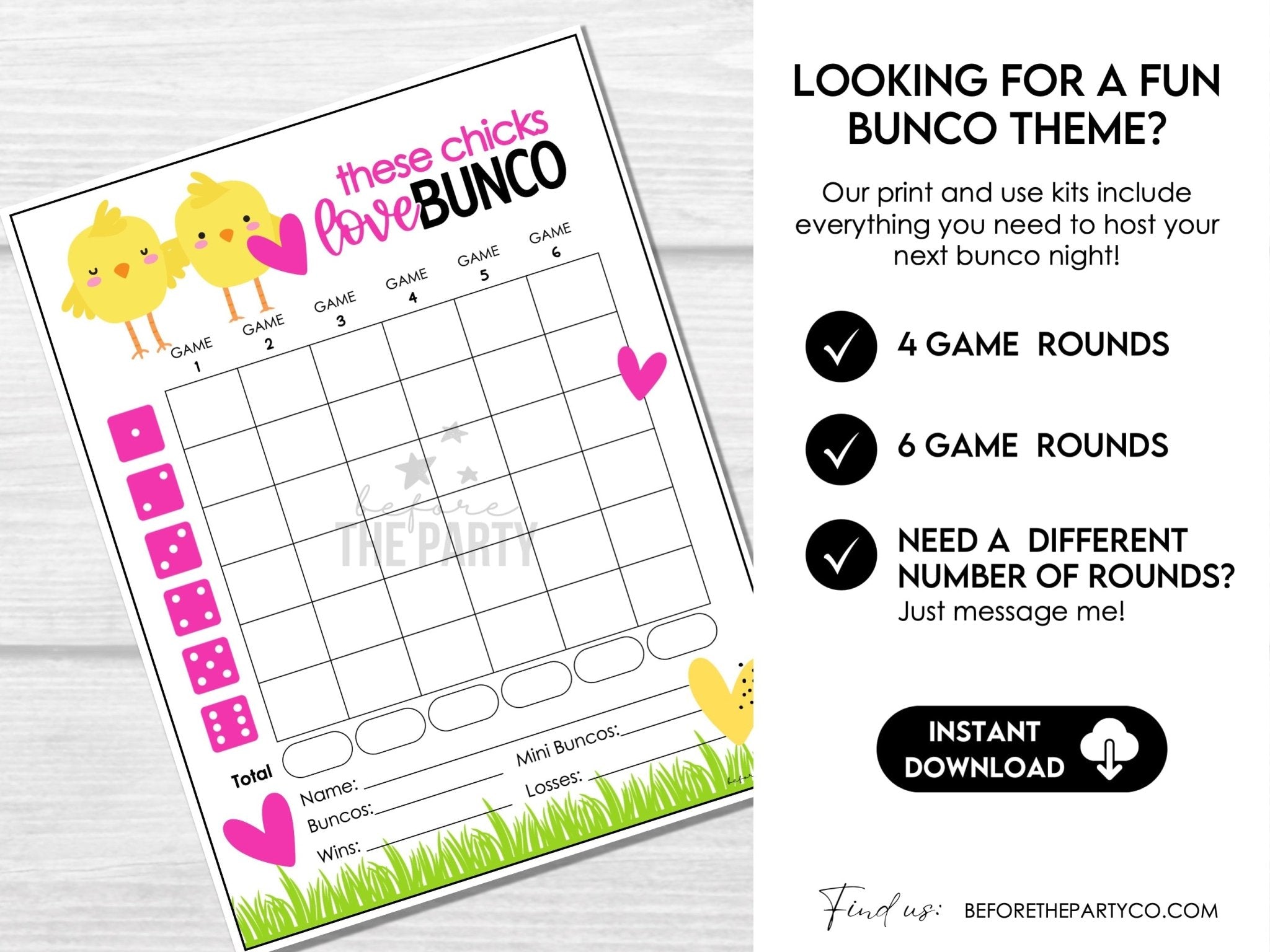 These Chicks Love Bunco - Spring Bunco Theme includes numbered table cards and editable invitations - Before The Party