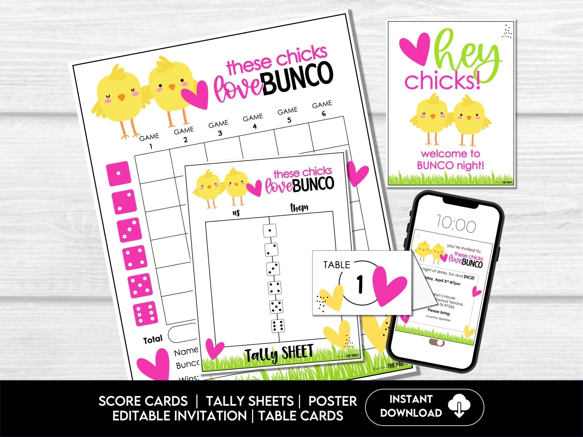 These Chicks Love Bunco - Spring Bunco Theme includes numbered table cards and editable invitations - Before The Party