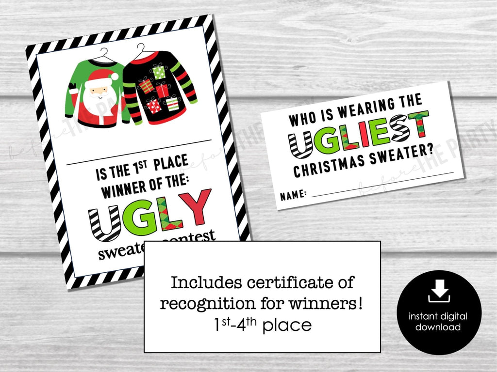 Ugly Sweater Voting Ballots, Ugliest Sweater Vote Cards, Fun Christmas Ugly Sweater Party Printables, Office Party, Certificate and Ballot - Before The Party