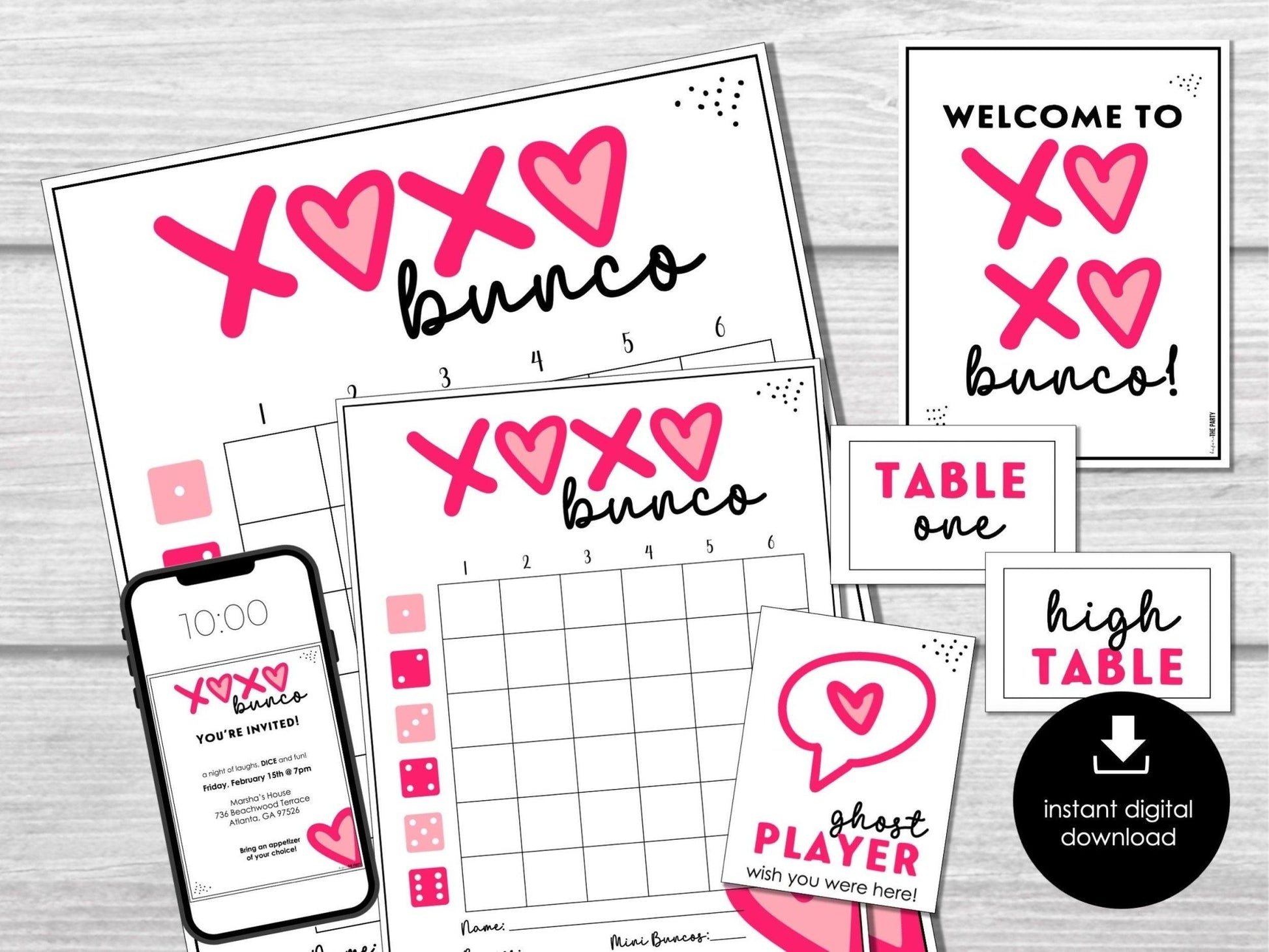 Valentines Day Bunco Score Cards, February Bunco Score Sheets, Bunco Invitation