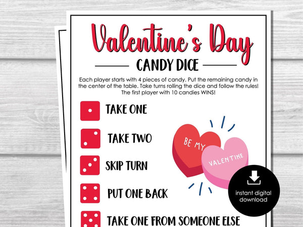 Valentine's Day Candy Dice Game, Valentine Party Game for Kids, Easy Kids Games, Fun New VDAY Classroom Candy Game, Pass the Candy Game - Before The Party