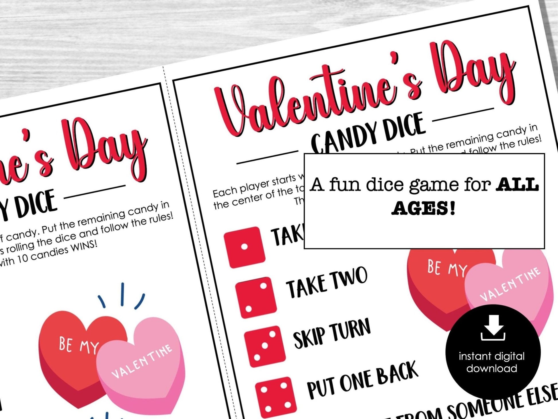 Valentine's Day Pass the Candy Candy Dice Game, Valentine Party Game for Kids, Easy Kids Games,