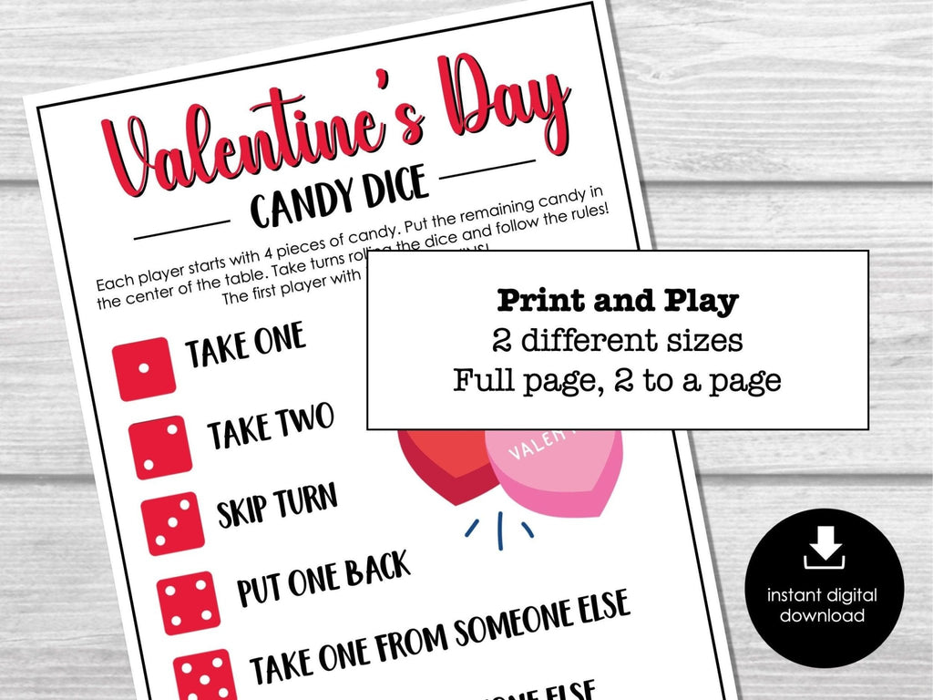 Valentine's Day Candy Dice Game, Valentine Party Game for Kids, Easy Kids Games, Fun New VDAY Classroom Candy Game, Pass the Candy Game - Before The Party