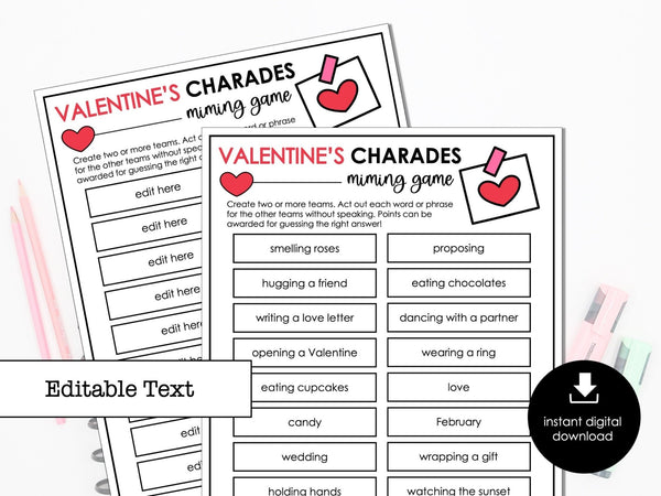 Valentine's Day Charades Party Game for Kids, Classroom Charades Holiday Miming Game - Editable - Before The Party