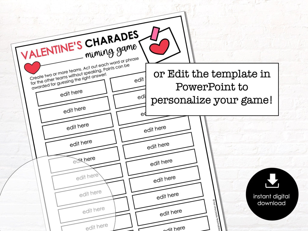 Valentine's Day Charades Party Game for Kids, Classroom Charades Holiday Miming Game - Editable - Before The Party