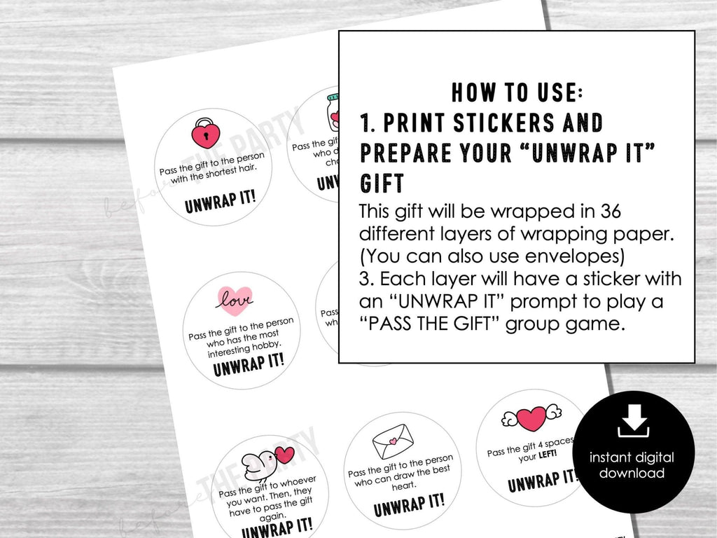 Valentine's Day Pass The Gift, Group Unwrapping Game Sticker, Pass the Parcel Prompt, Unwrap the Gift, Pass the Prize, Valentines Party Game - Before The Party