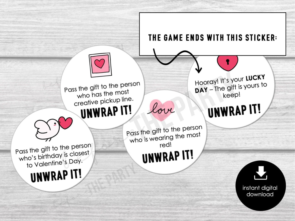 Valentine's Day Pass The Gift, Group Unwrapping Game Sticker, Pass the Parcel Prompt, Unwrap the Gift, Pass the Prize, Valentines Party Game - Before The Party