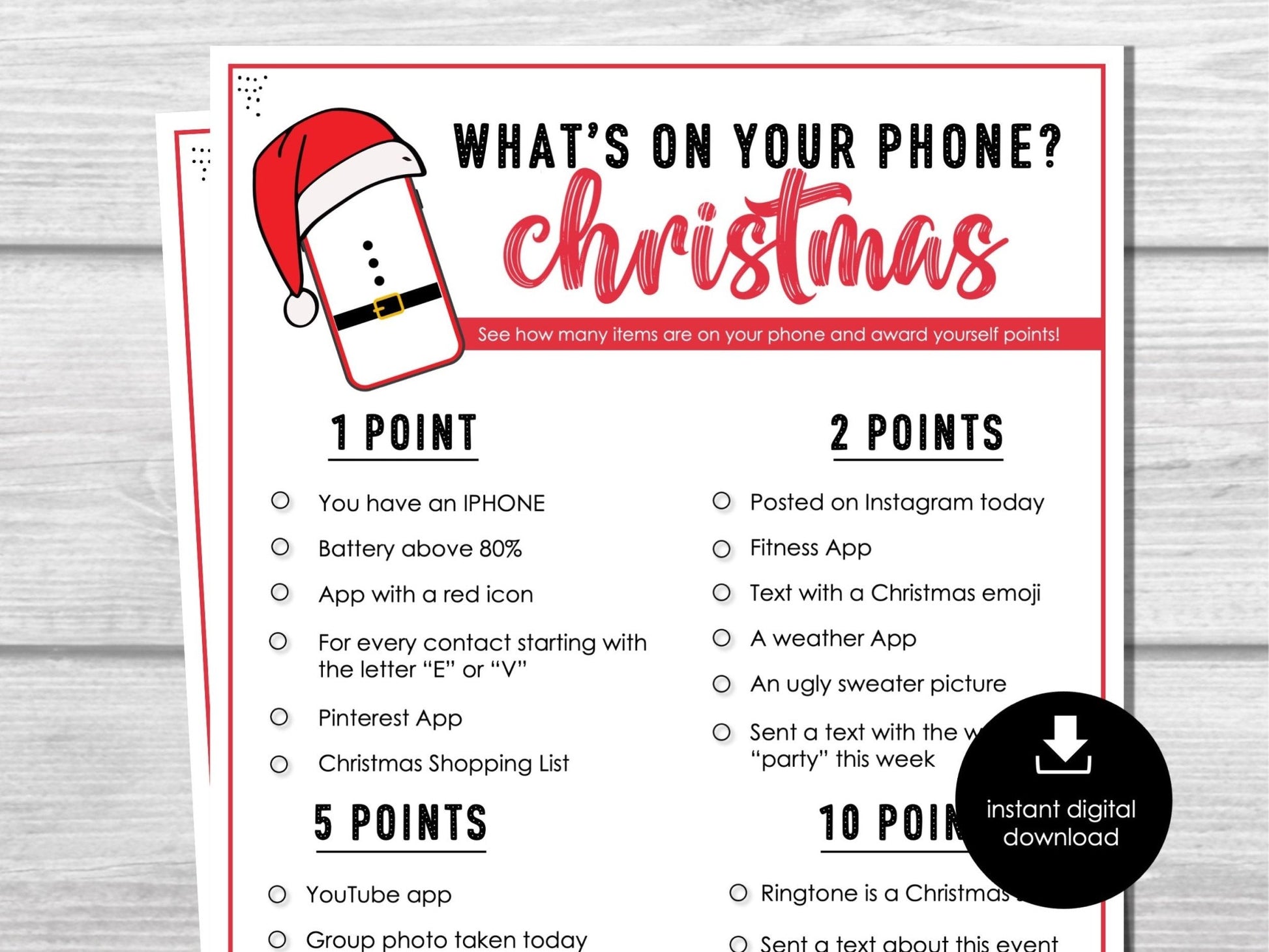 Whats on your phone? Christmas Game, Holiday Phone Scavenger Hunt for Parties