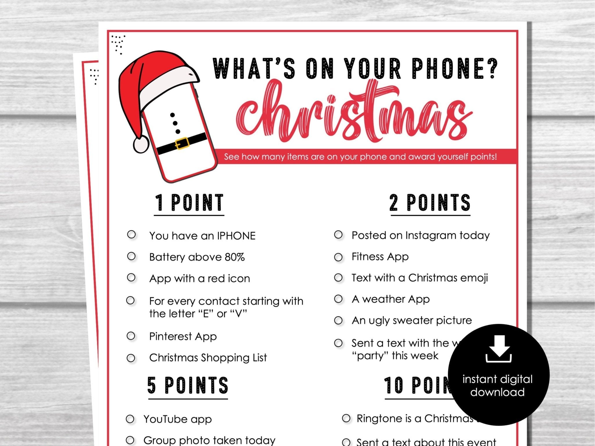 Whats on your phone? Christmas Game, Holiday Phone Scavenger Hunt for Parties