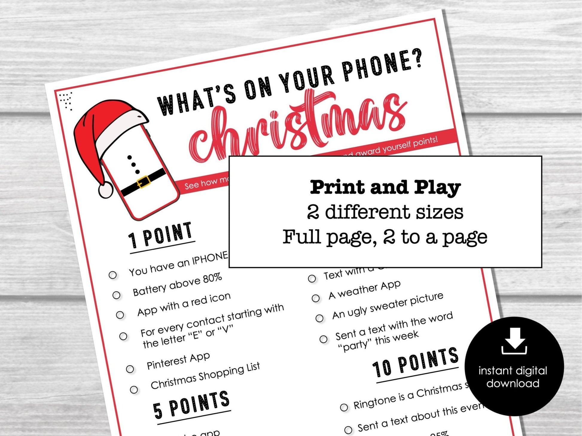 Whats on your phone? Christmas Game, Holiday Phone Scavenger Hunt for Parties