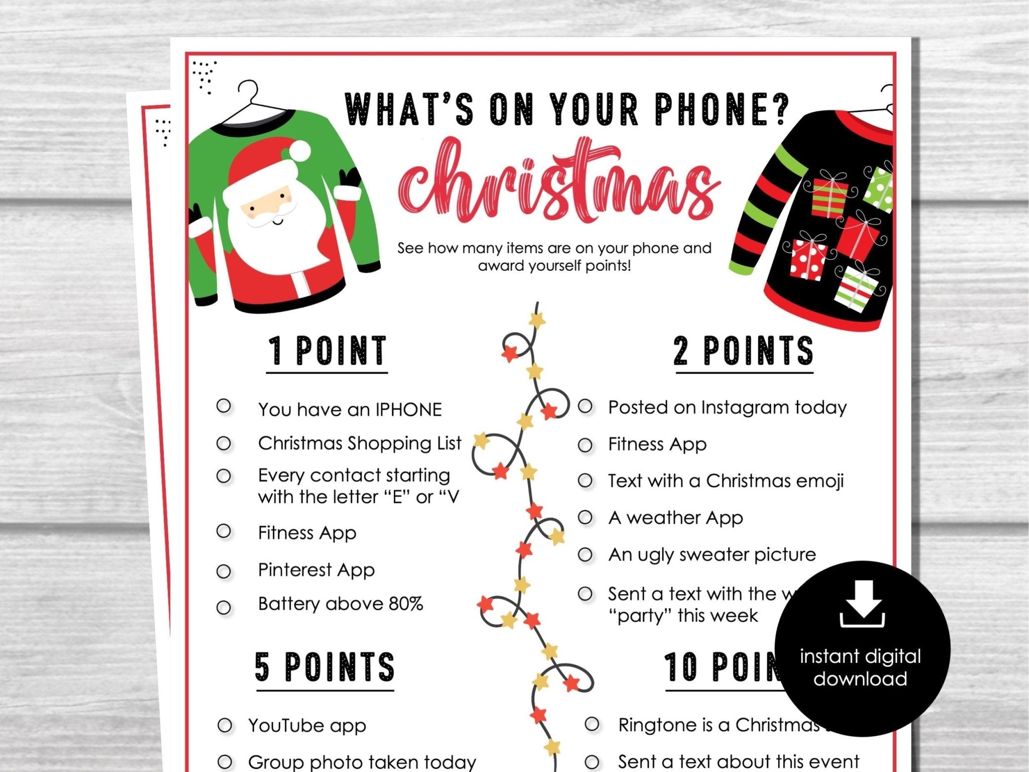 Ugly Sweater - Whats on your phone? Christmas Party Game, Fun Christmas Scavenger Hunt for Parties