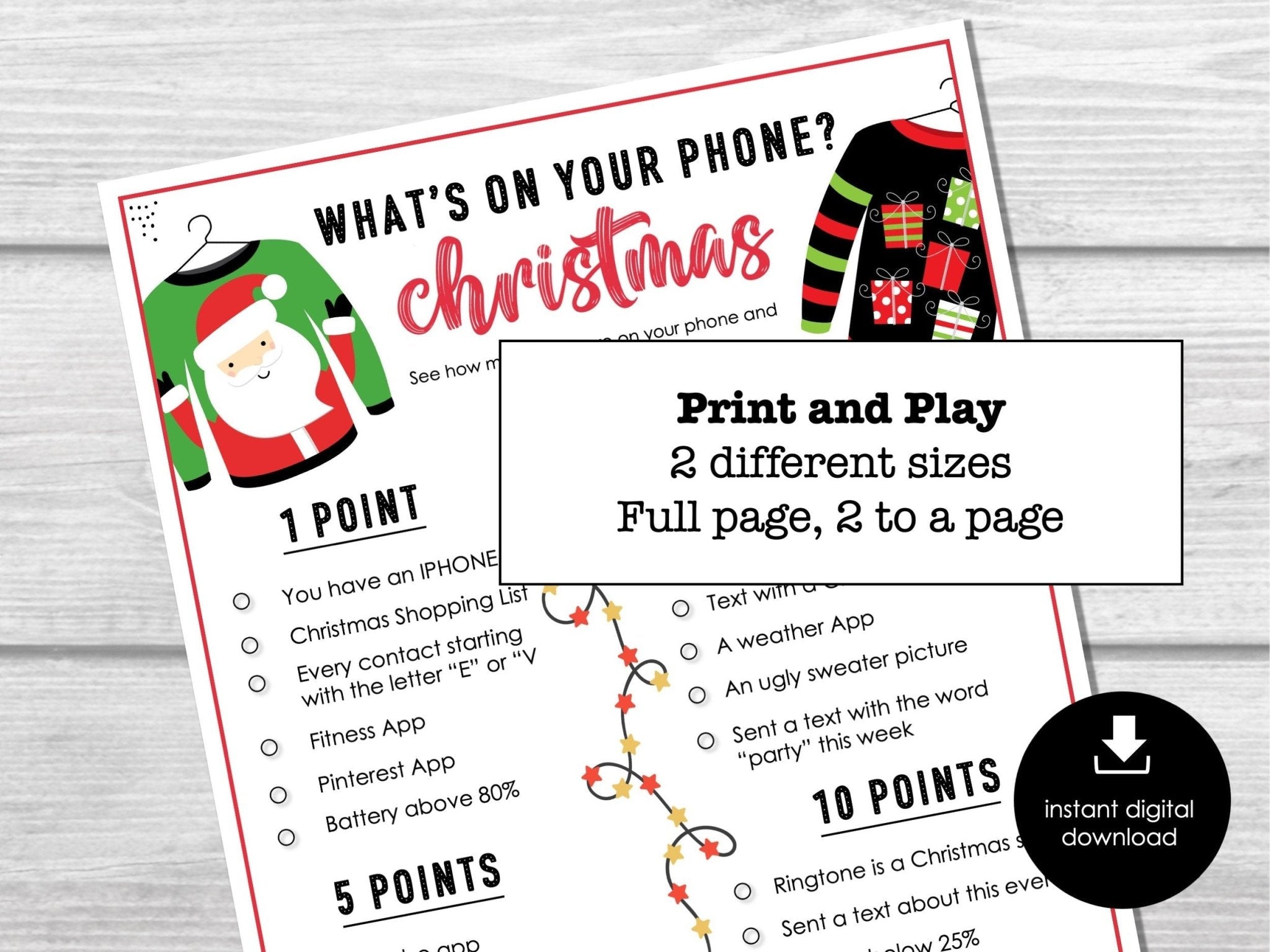Ugly Sweater - Whats on your phone? Christmas Party Game, Fun Christmas Scavenger Hunt for Parties