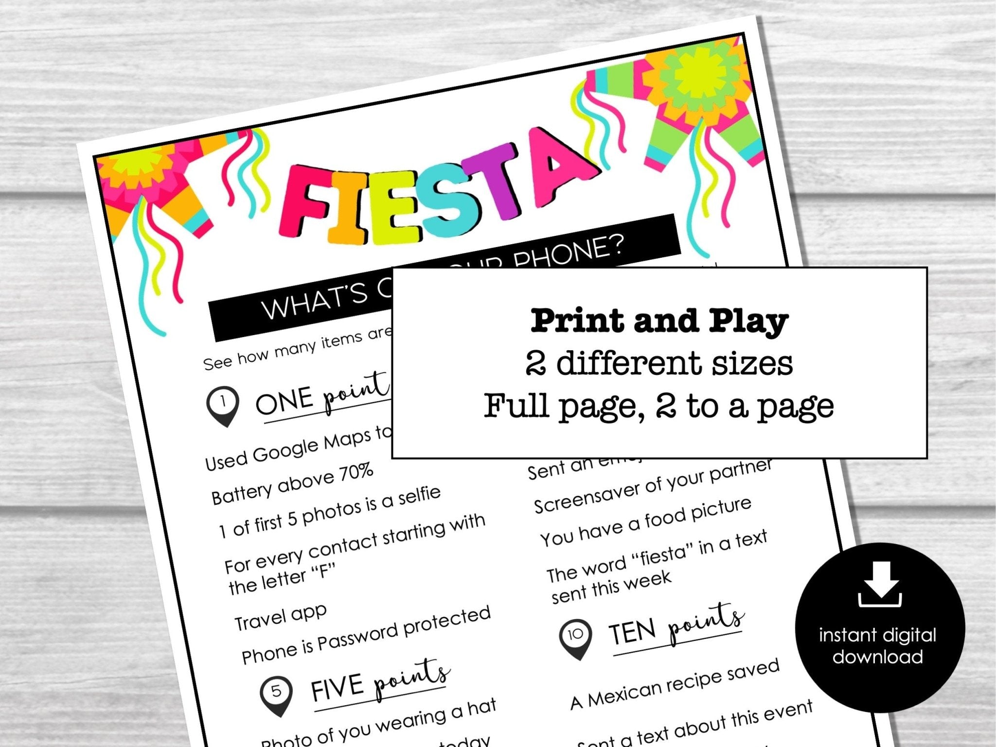 What's on your phone? Fiesta Game, Printable Party Game, Mexican Party Ice Breaker Game