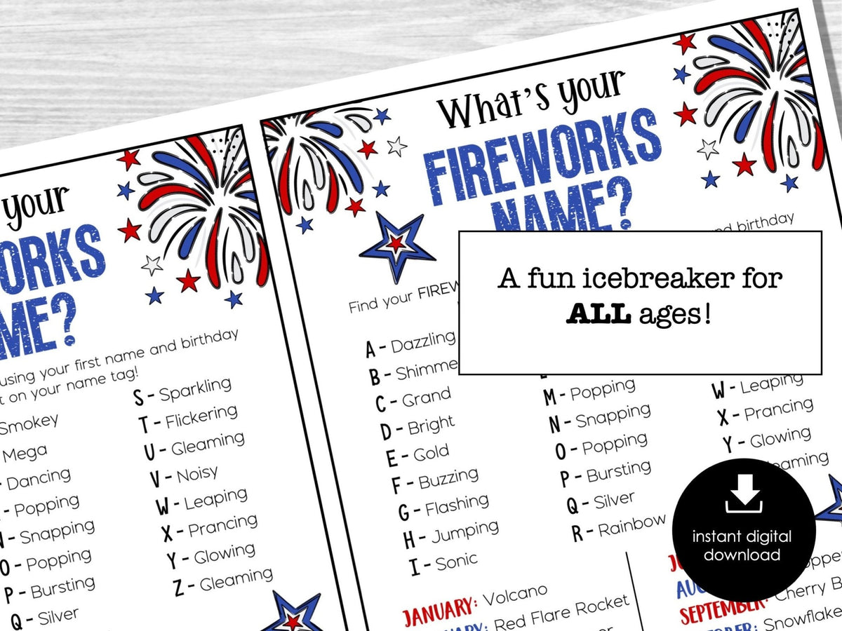Firework Name Plates Fireworks Name Ice Breaker Game & Name Tags for Holidays β Before The Party
